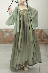 Green High Waisted Embroidery Sweet Chinese Style Hanfu Jsk Dress Full Set